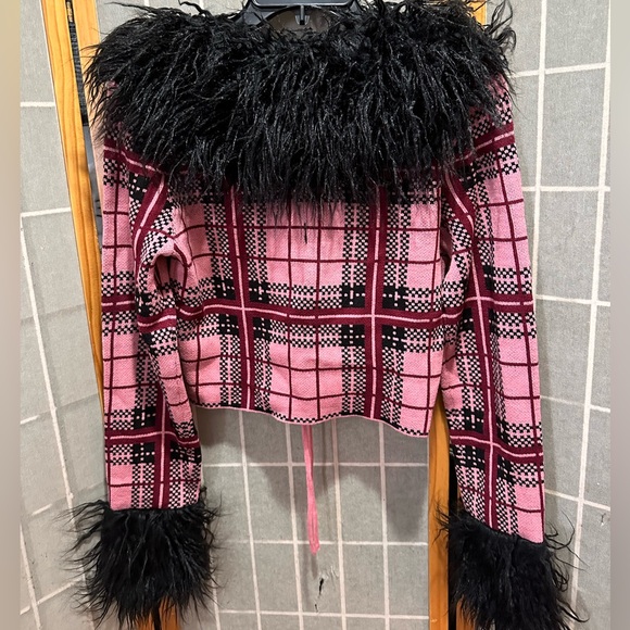 The Ragged Priest Pink Plaid Cardigan Sweater with Black Faux Fur - Picture 4 of 10